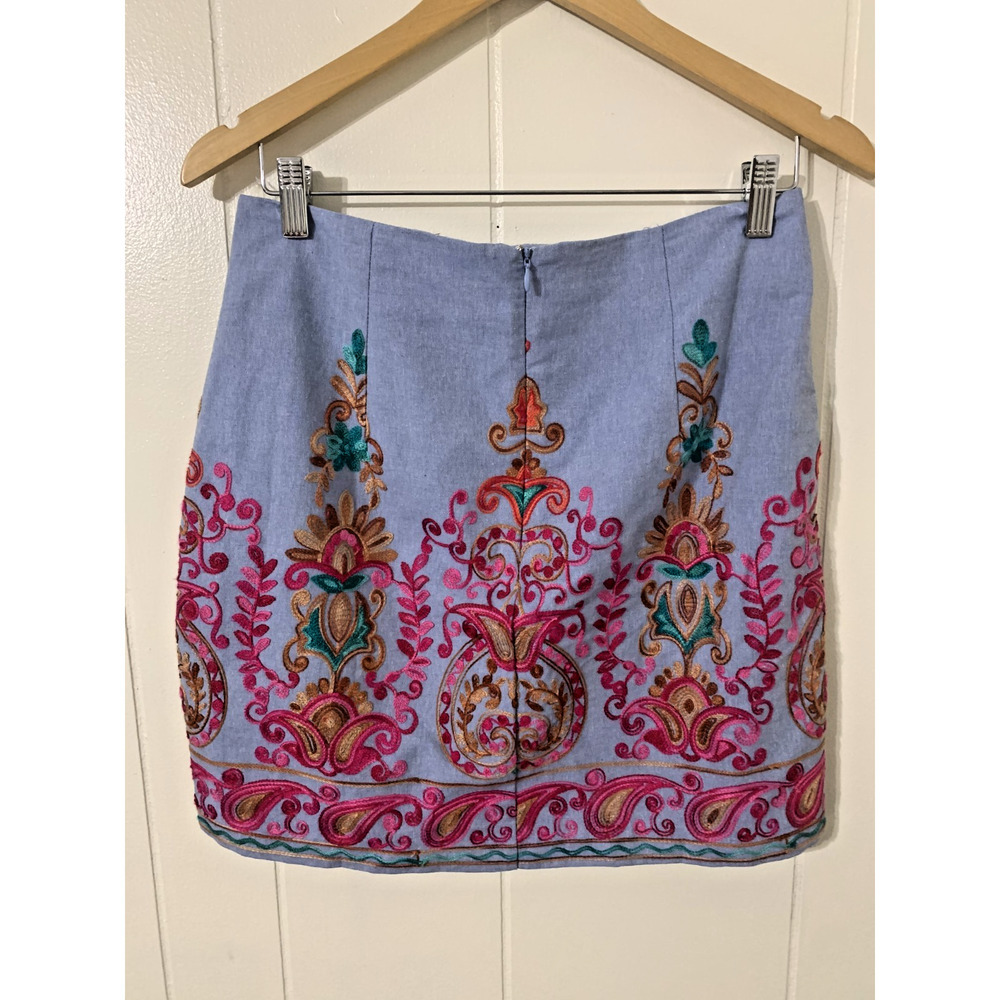NWOT Entro Paisley Embroidered Chambray Skirt Zip Back Size M Boho Hippie - Picture 2 of 5
